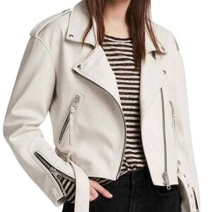 ALL SAINTS Anderson Sheepskin Leather Zip Front Biker Jacket White Size Small